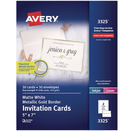 Avery Invitation Cards with Metallic Border, Inkjet/Laser, 80 lb, 5x7, Matte White, 30PK 3325